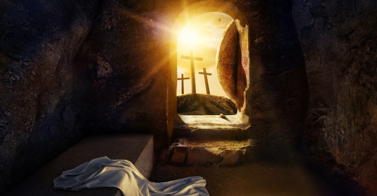 He is Risen. Empty Tomb With Shroud. Crucifixion at Sunrise. -3d rendering. - Illustration.